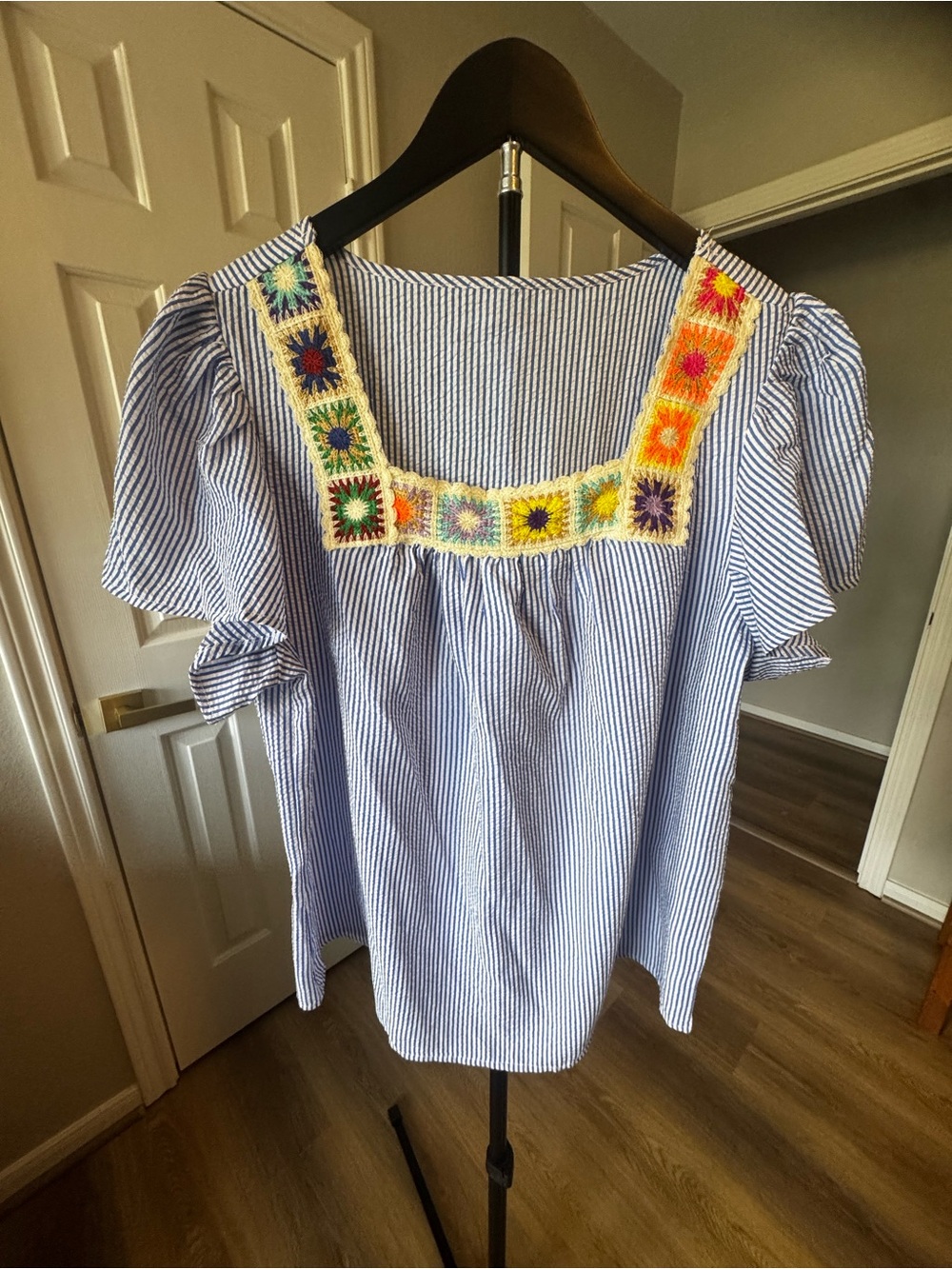 Blue Striped Square-Neck Top with Multicolor Crochet Trim